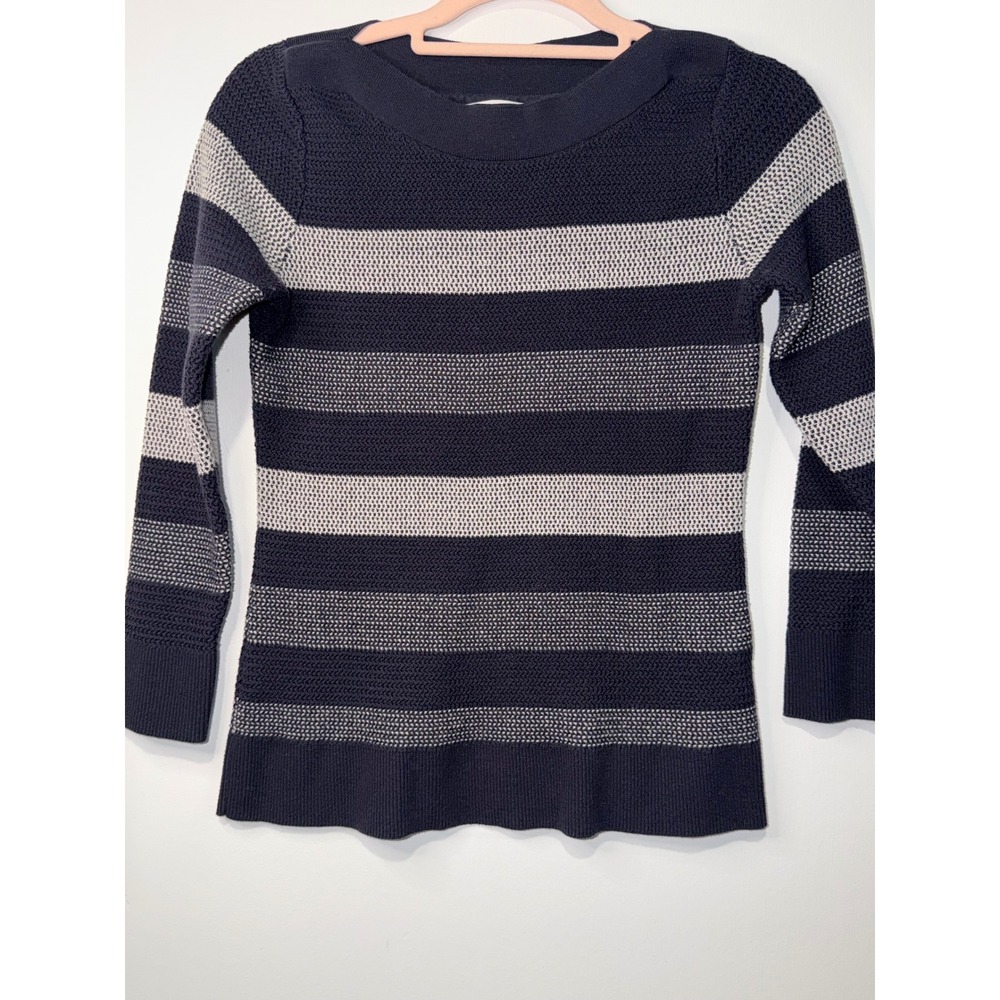 Market & Spruce Navy White Striped Textured Knit Sweater Small Petite WGS10281